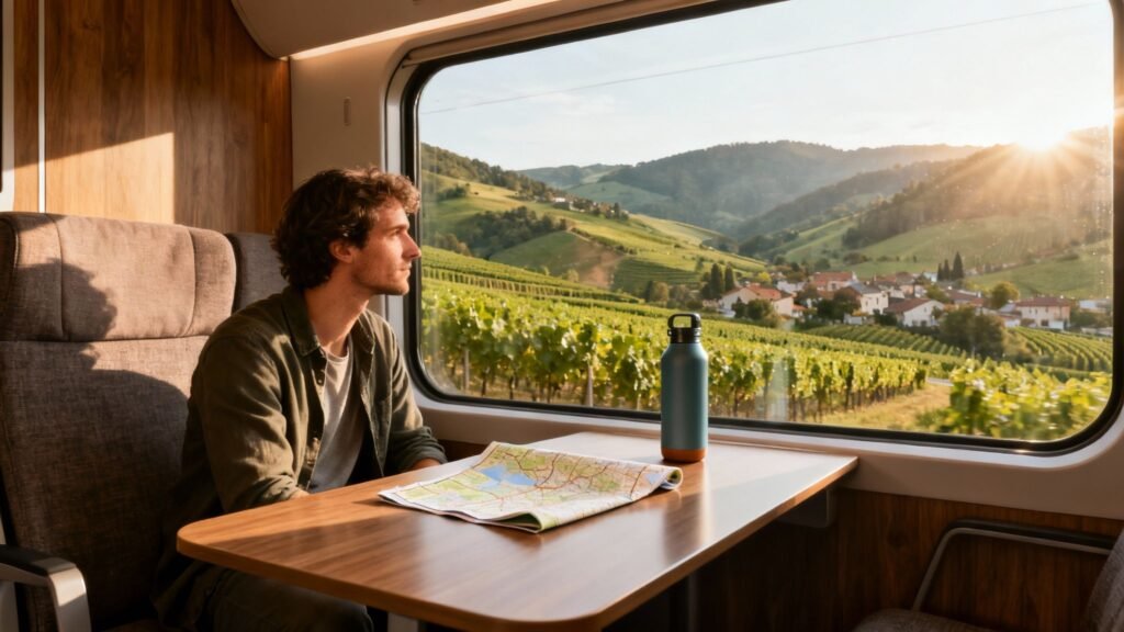 Slow travel by train as a traveler sits at a window table with a map, watching vineyards and a hillside village at sunset.
