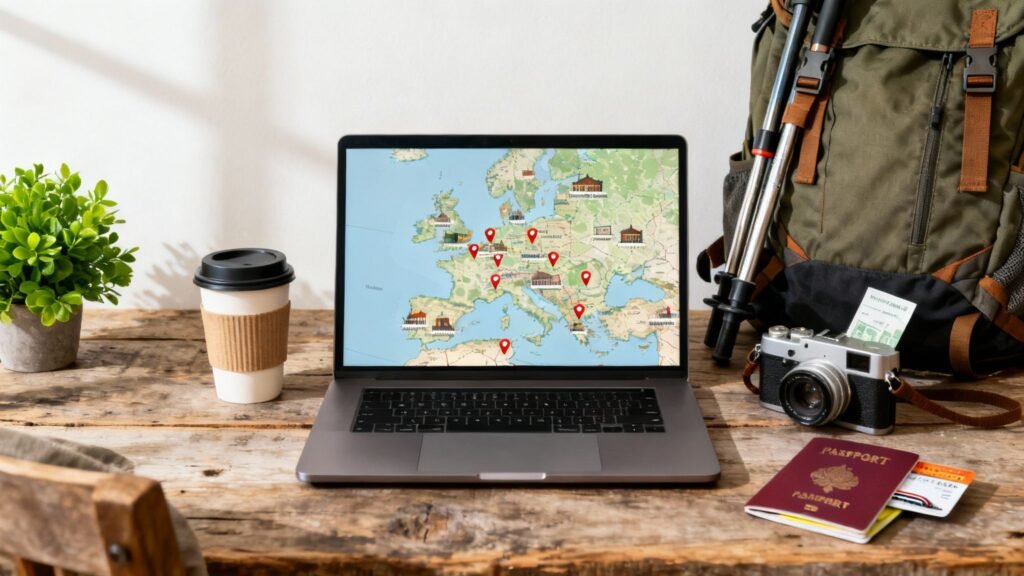small hotels in europe trip planning on a laptop map with pinned destinations, next to a backpack, camera, and passport