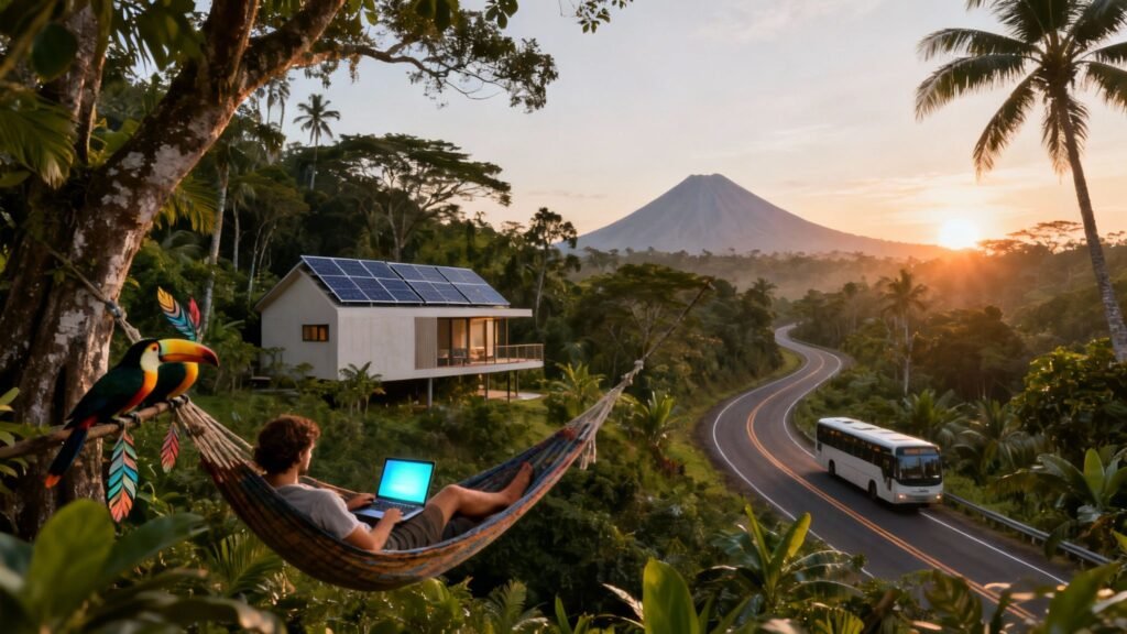 Sustainable tourism costa rica with a remote worker relaxing in a hammock near a solar-powered eco-lodge, tropical rainforest views, and a bus on a scenic road at sunset.