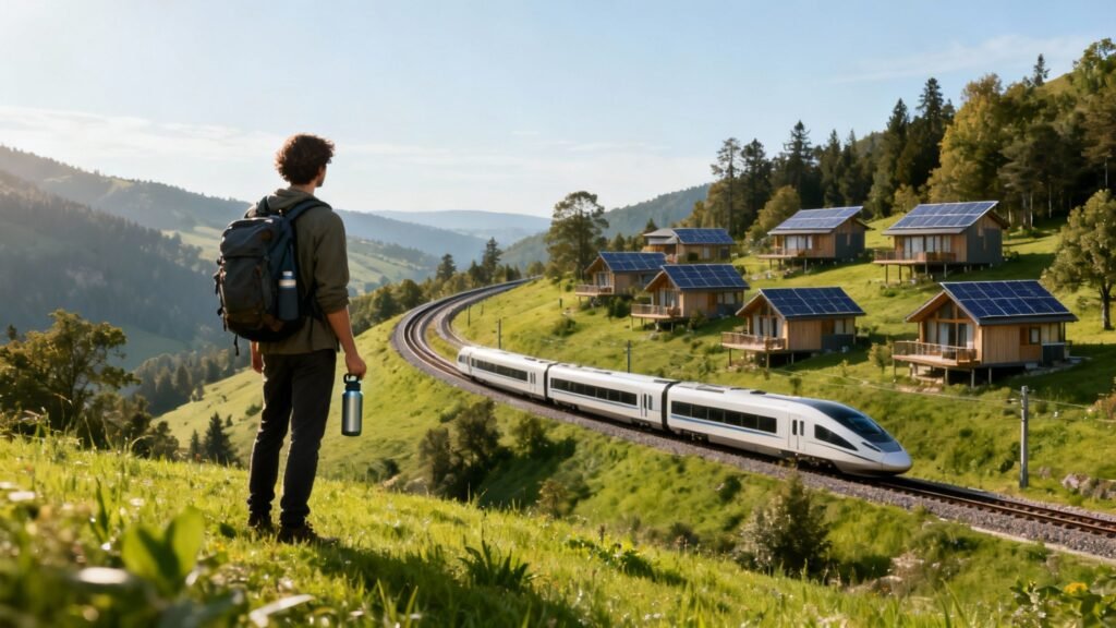 Sustainable travel and tourism: a backpacker watches an electric train pass through a green mountain valley with solar-powered eco cabins in the hills.