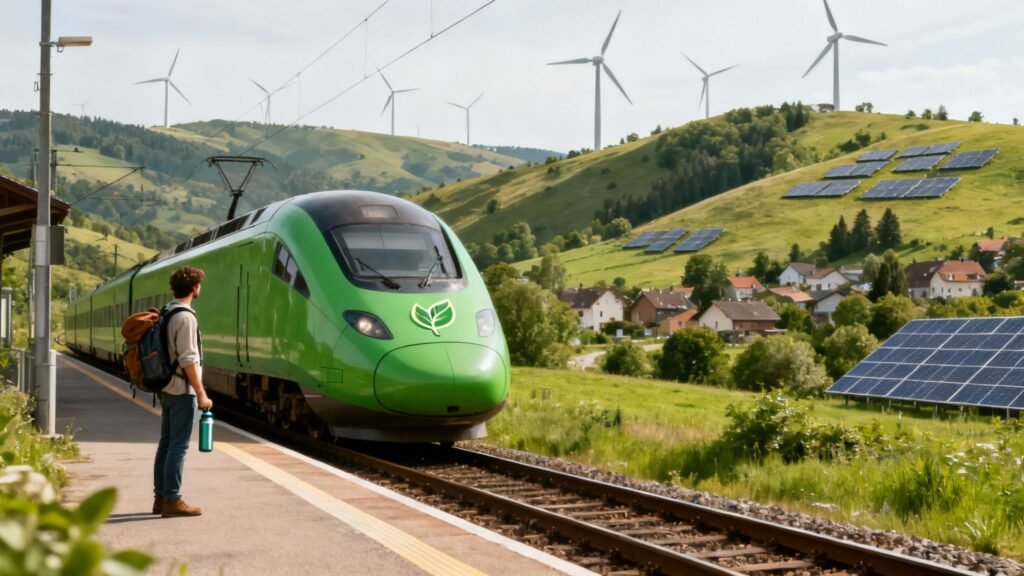sustainable travel and tourism with a green passenger train at a rural station beside solar panels and wind turbines