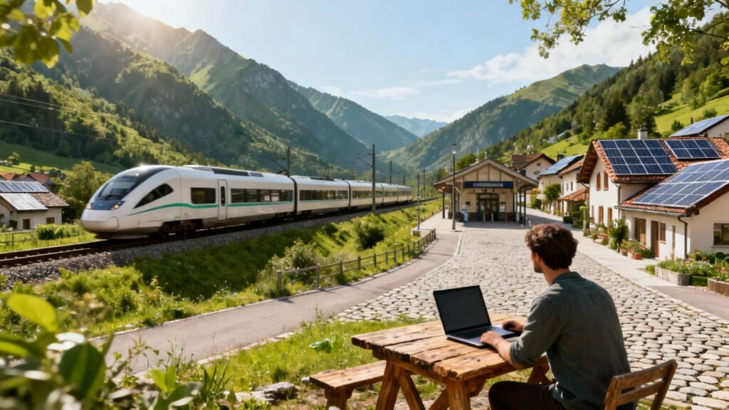 Tourism spots with a modern train passing a solar-powered alpine village as a remote worker uses a laptop