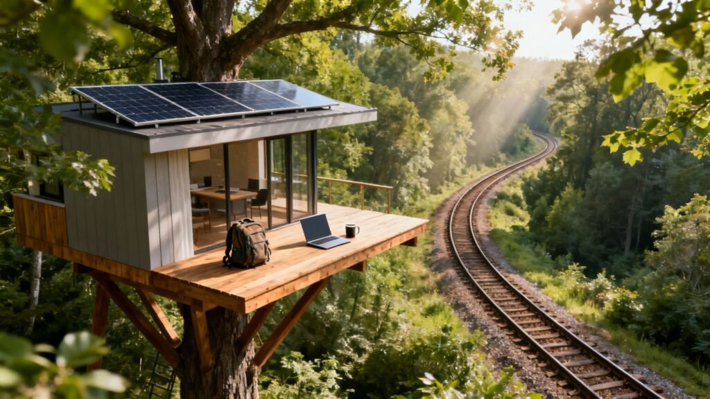 Tree House Vacation Rentals with a modern solar-powered treehouse office, laptop on the deck, and forest railway views.