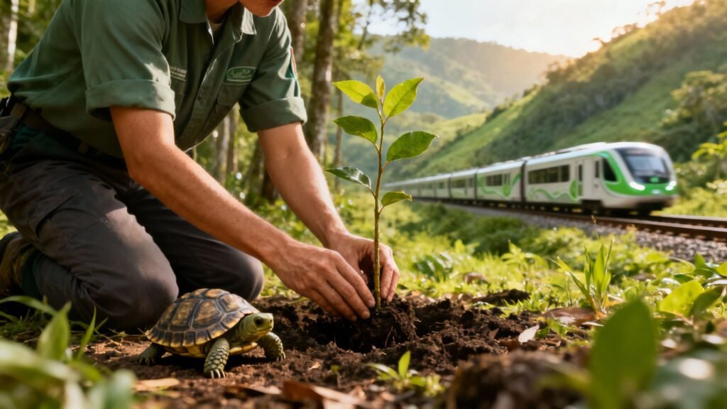 Wildlife conservation volunteering in a green valley as a volunteer plants a tree near a train route with a turtle nearby.