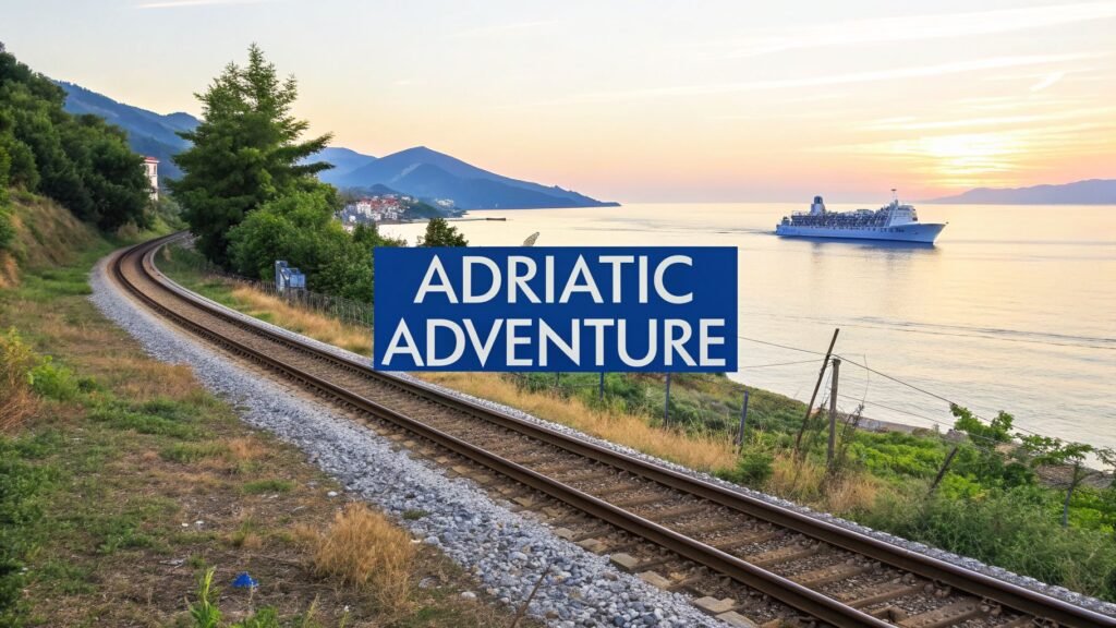 Coastal railway along the Adriatic coast at sunset, with a cruise ship on calm water and mountains in the background.