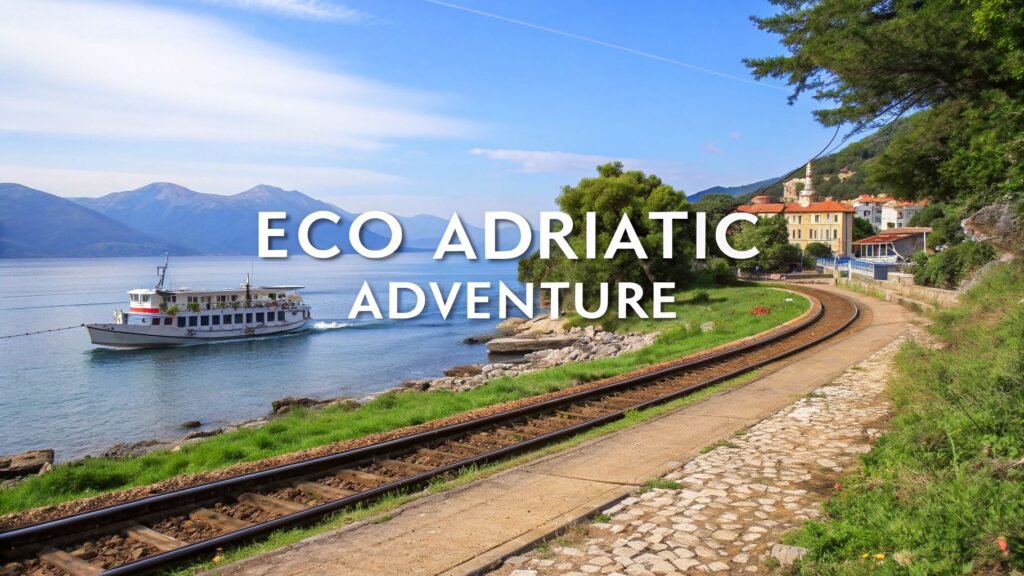 Adriatic coast eco adventure scene with a coastal railway curving beside the sea and a small ferry boat passing a hillside village.