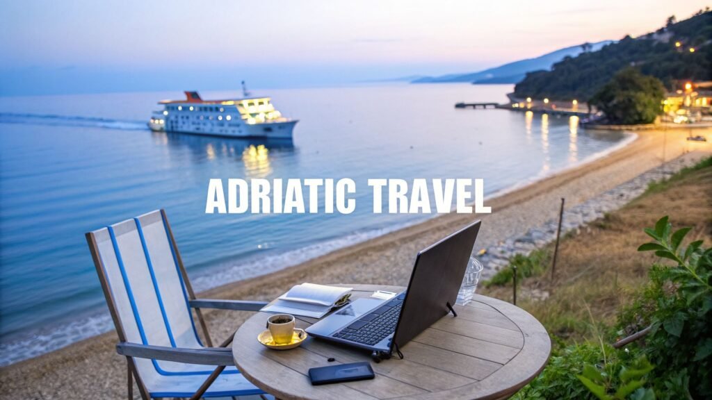 Adriatic ocean: a laptop on a table overlooking a calm seaside beach at dusk as a ferry crosses the water near a coastal town.