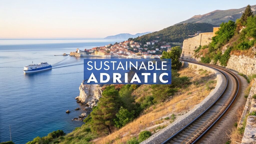 Sustainable Adriatic Sea coastline with a curving coastal railway, ferry on blue water, and a historic Adriatic town in the distance.