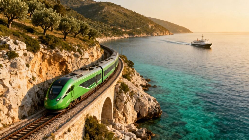 Green coastal train crossing a stone viaduct above turquoise water on the adriatic sea mediterranean at golden hour, with olive trees and a boat offshore.
