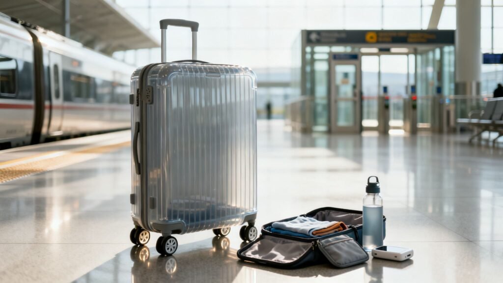 Best affordable carry on luggage standing at a modern train station beside a packed travel organizer, water bottle, and power bank.