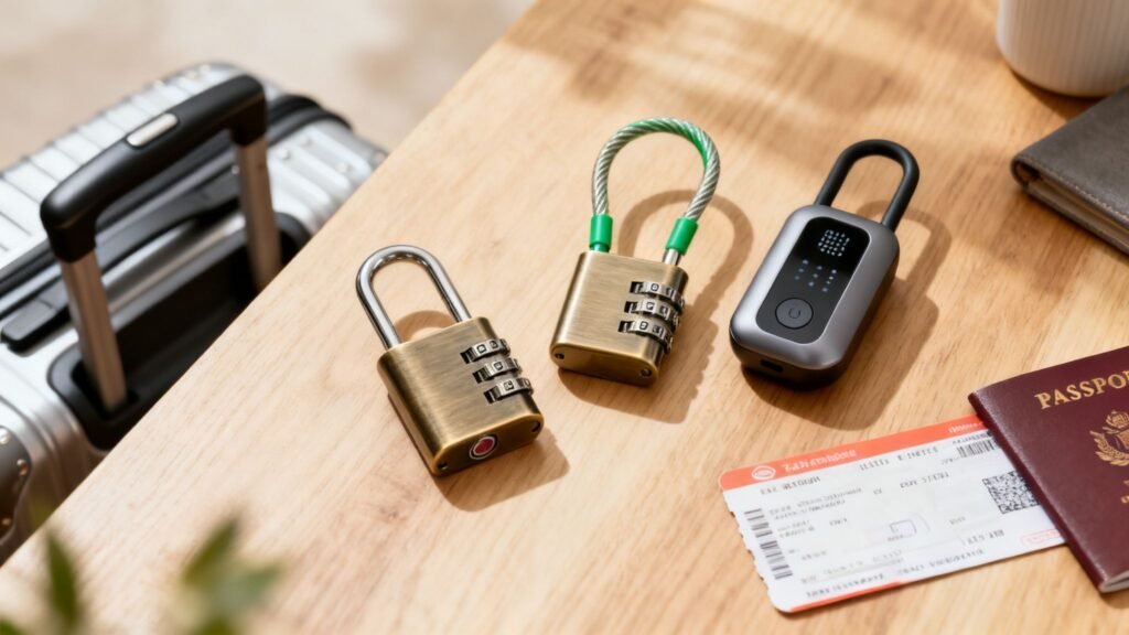 Best luggage lock options on a wooden table, including brass combination locks and a smart lock beside a passport and boarding pass.