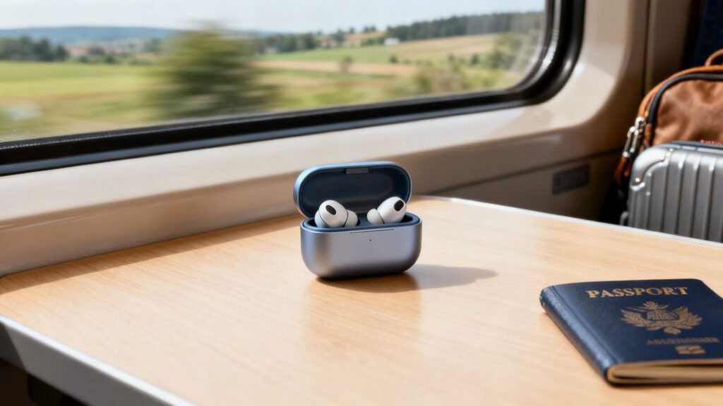 Best noise cancelling earbuds for travel sitting on a train table beside a passport, with countryside views through the window.