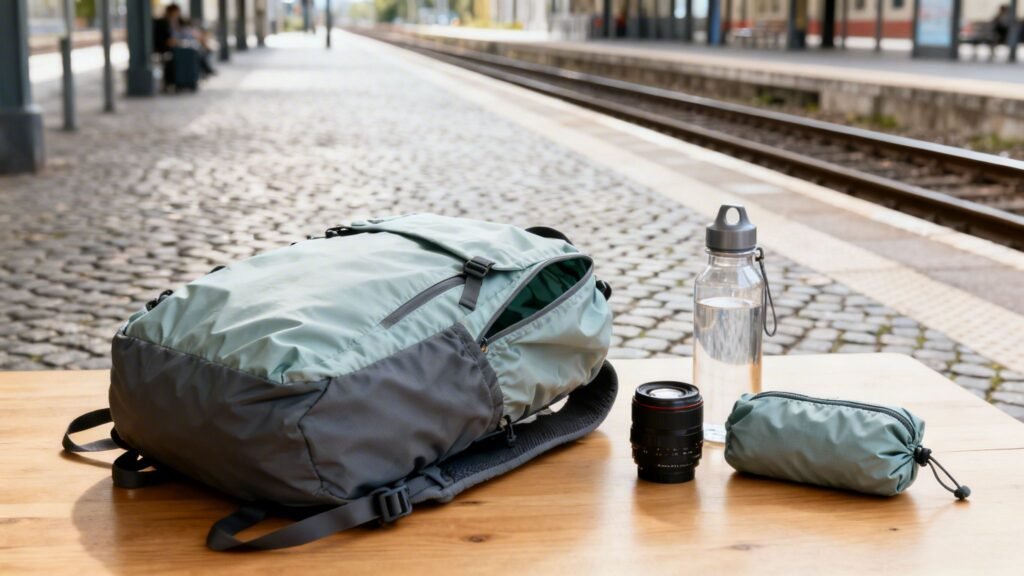 Best packable daypack travel setup on a train platform table with a compact backpack, folded packable pouch, reusable water bottle, and camera lens.