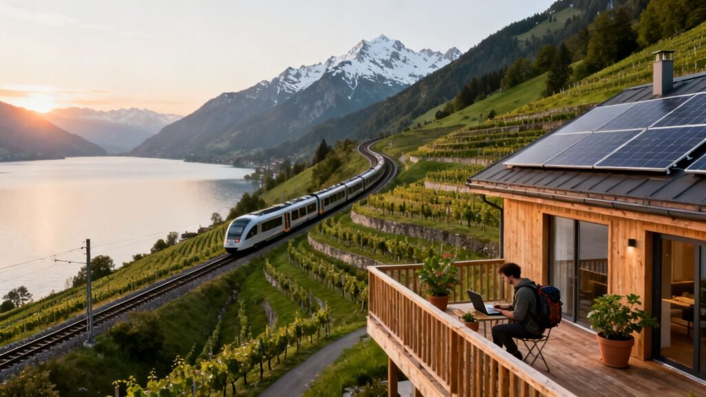 Best places to visit in Switzerland view of a scenic alpine lake and vineyard hillside with a train passing, beside a solar-powered cabin where a traveler works remotely.