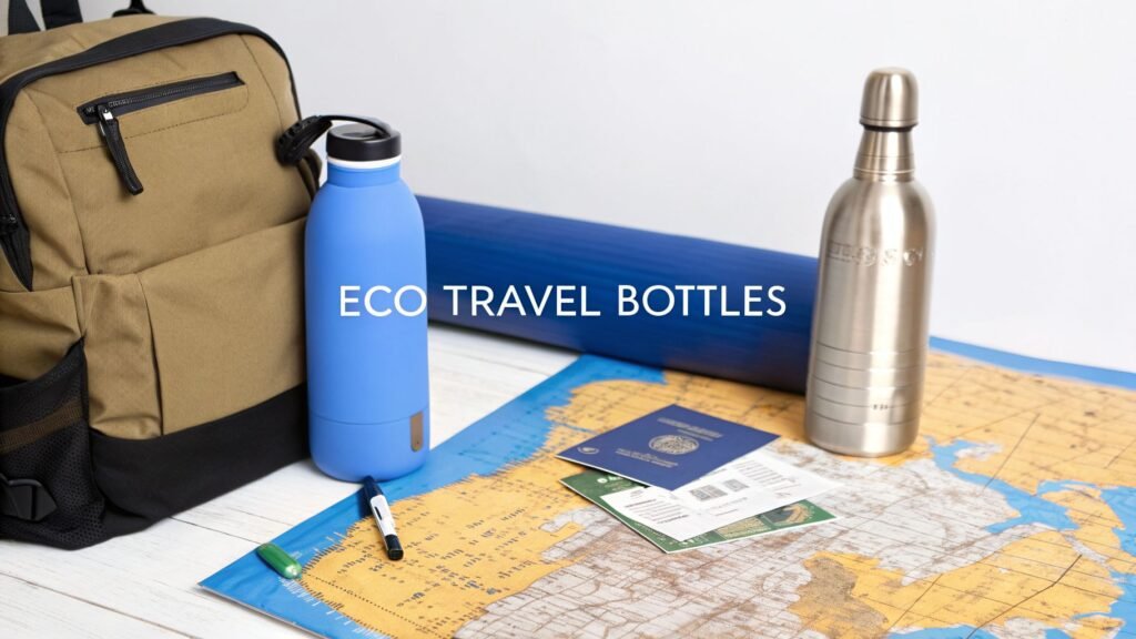Travel backpack, map, passport, and two reusable bottles arranged for a trip, showcasing best refillable travel bottles for eco-friendly travel.