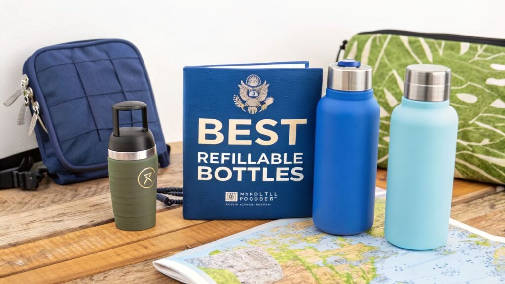 Refillable water bottles with travel pouches and a map on a wooden table, illustrating best refillable travel bottles for trips.
