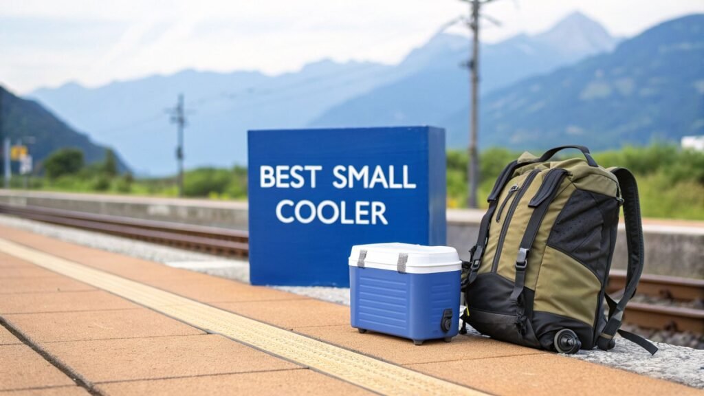 Small hard cooler and travel backpack on a train platform with mountains in the background, illustrating a best small cooler setup for travel.