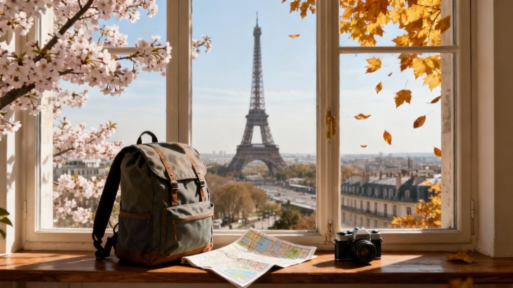 Best time to go to Paris: backpack, map, and camera on a windowsill with the Eiffel Tower view and autumn leaves in Paris.