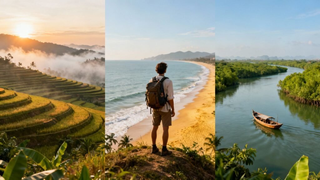 Best time to go to Vietnam—collage of terraced rice fields at sunrise, a backpacker on a beach coastline, and a calm river with a small boat