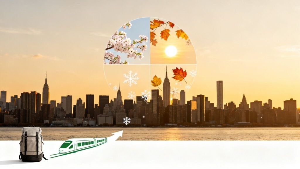 Best time to travel to New York illustrated with a NYC skyline at sunrise and a seasonal wheel showing spring blossoms, summer sun, fall leaves, and winter snowflakes.