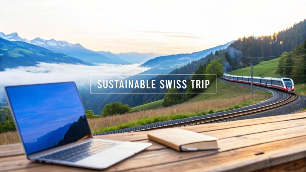 Best time to travel to Switzerland for a sustainable Swiss trip, with a laptop on a wooden table overlooking misty alpine valleys as a train winds through the mountains.