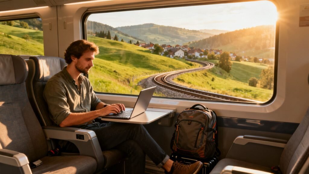 Best way to travel europe: man working on a laptop inside a train with a backpack and scenic countryside outside the window.