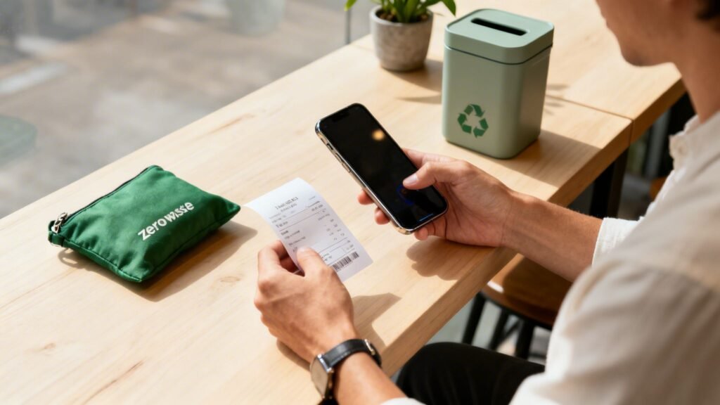 Can you recycle receipts? A traveler scans a paper receipt with a smartphone to store it digitally instead of recycling thermal paper.
