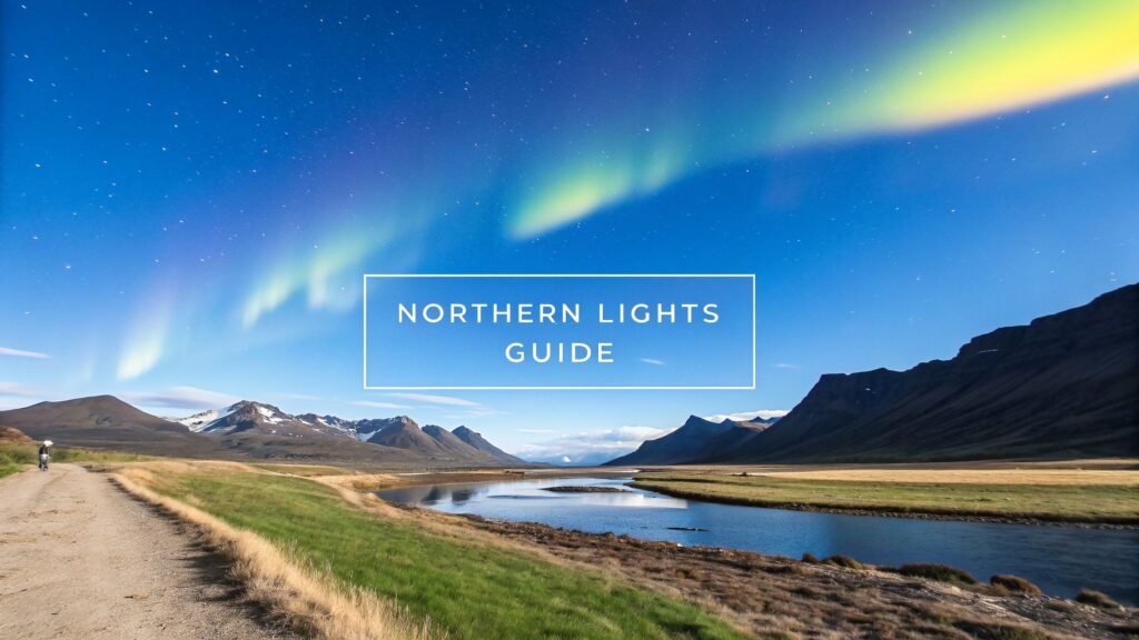 Northern Lights over an Icelandic valley with mountains and a river, featuring can you see the northern lights in iceland guide text overlay.
