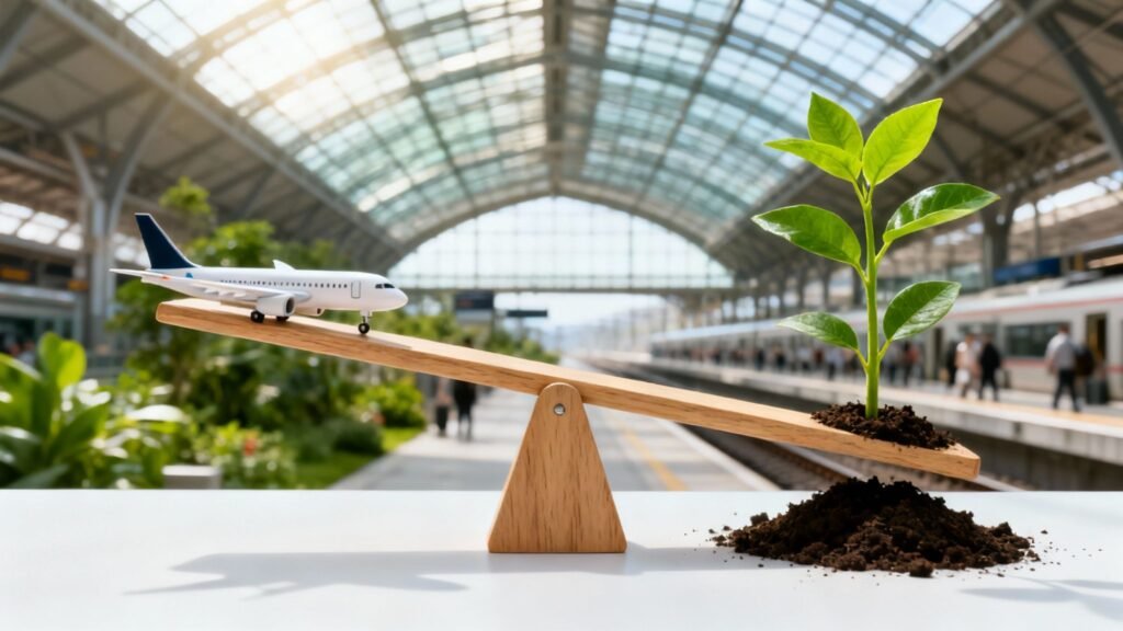 Carbon-neutral travel concept with a plane and a green plant balanced on a wooden scale at a modern train station.