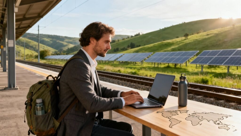Carbon neutral remote worker at a train station, using a laptop beside a reusable bottle with solar panels in the background.