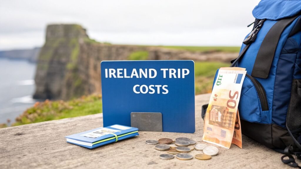 Ireland Trip Costs” sign with euro cash and coins beside a backpack near coastal cliffs, illustrating cost of traveling to ireland.