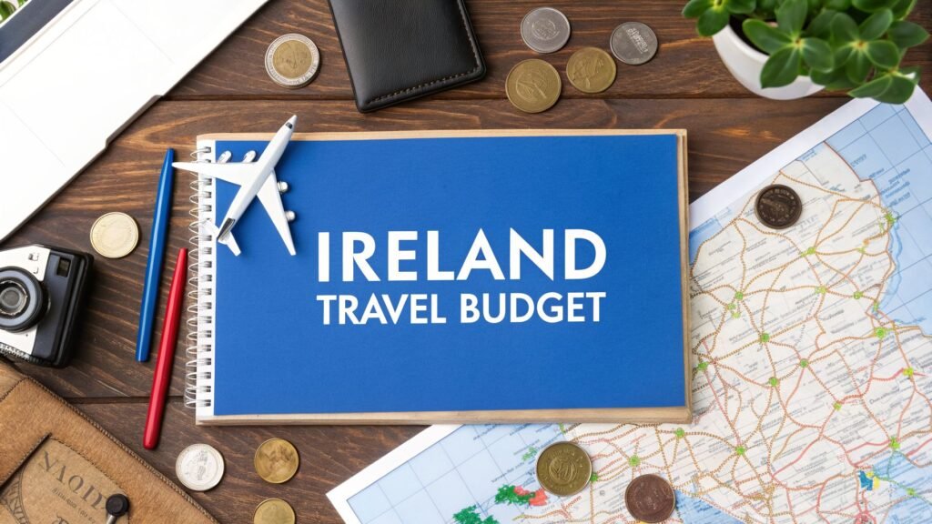 Travel budget planning flat lay with coins, map, notebook, and travel items, illustrating cost to travel to Ireland budgeting.