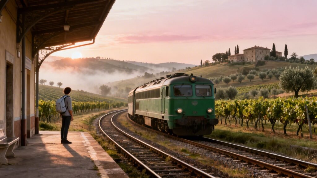 Vintage green train arriving at a rural station at sunrise in the countryside in Italy, with vineyards, olive trees, and a traveler on the platform.