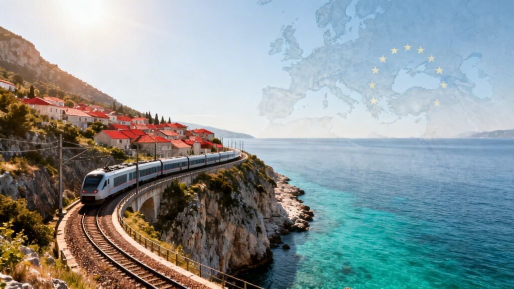 Croatia is Europe coastal rail scene with a passenger train curving along sea cliffs beside turquoise water and red-roof villages.