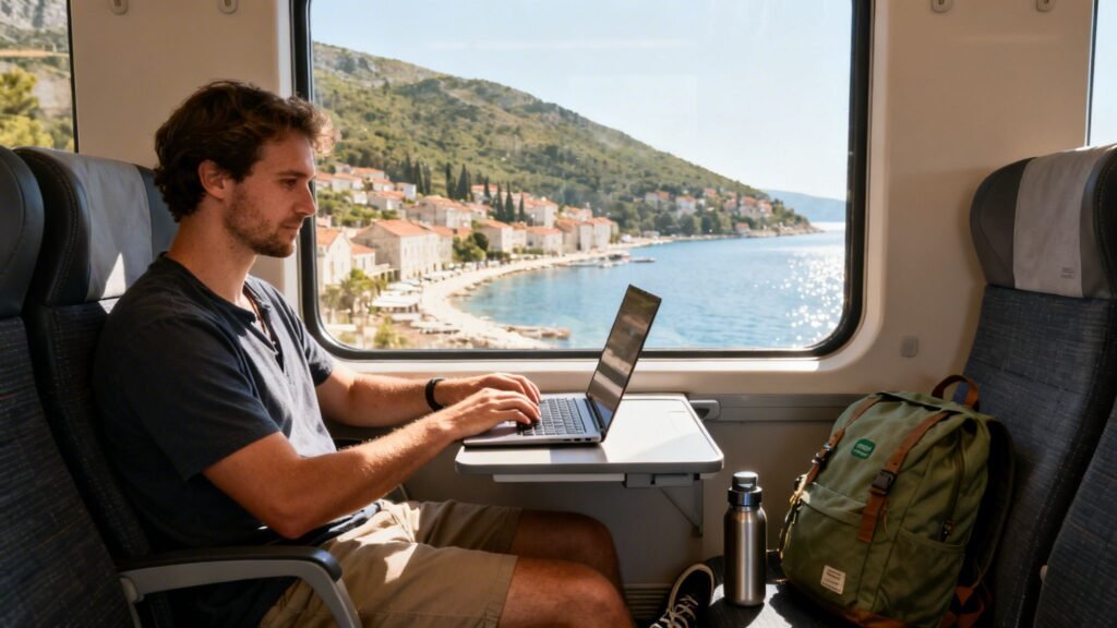 Hrvatska Croatia train travel scene with a digital nomad working on a laptop by the window overlooking the Adriatic coastline.