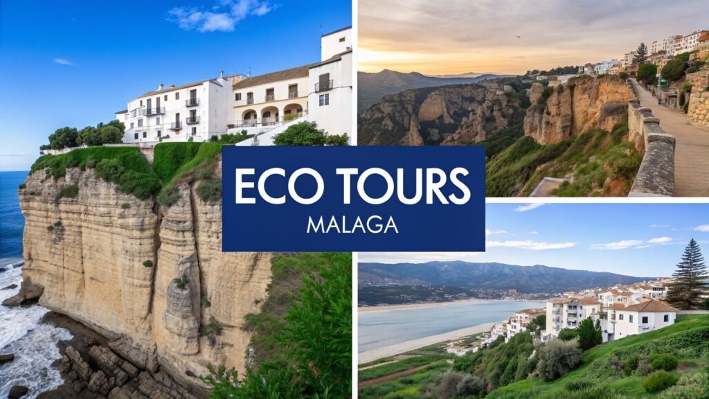 Coastal cliffs and scenic viewpoints near Málaga with “Eco Tours Málaga” text overlay, representing day tours from malaga.