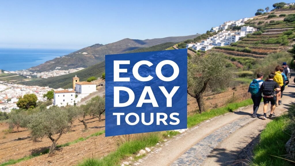 Day tours from Malaga Spain with hikers on a hillside trail overlooking white villages and the Mediterranean coast.