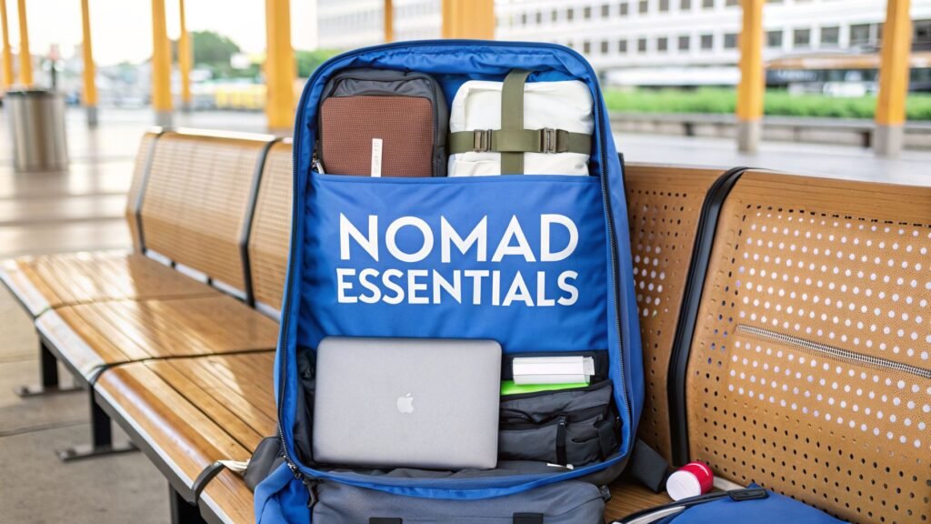 Digital nomad packing list essentials packed neatly in a carry-on travel backpack with laptop, organizer pouches, and clothing at a transit station