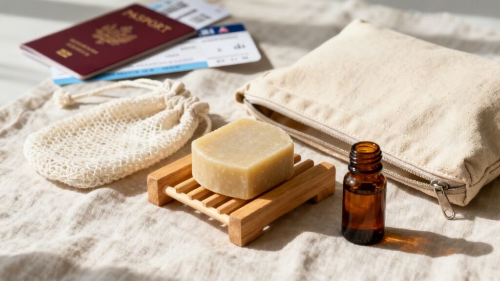 DIY shampoo bar travel kit in a suitcase scene with a solid soap bar on a wooden dish, toiletry pouch, passport, and reusable bottle.