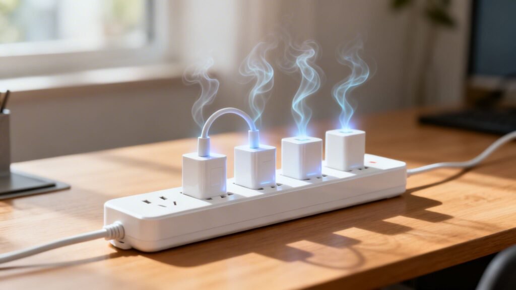 Power strip with multiple phone chargers plugged in and heat/smoke rising, showing does leaving things plugged in use electricity and potential electrical hazard.
