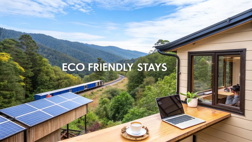 Eco friendly accommodation with a remote cabin workspace, solar panels, forest mountain view, and train passing through the valley.