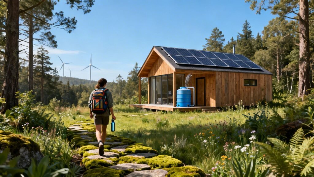 Eco friendly accommodations: off-grid wooden cabin with solar panels and a water tank in a forest clearing