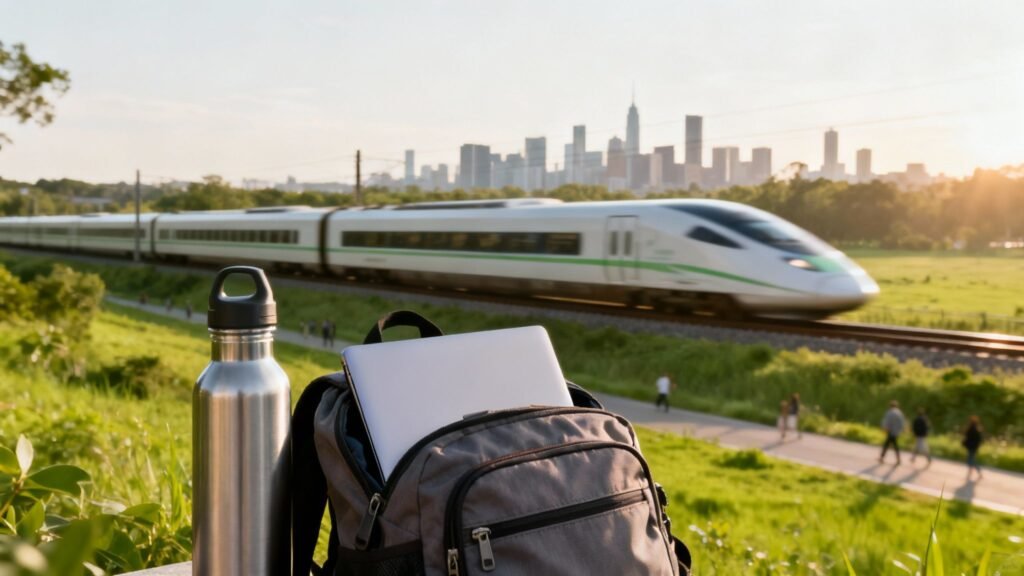 Eco friendly travel by high-speed train with backpack and reusable water bottle in the foreground and a city skyline at sunset