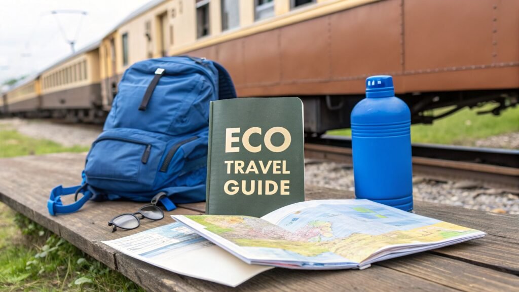 Backpack, reusable bottle, map, and eco travel guide on a train platform, illustrating eco friendly traveling by rail.
