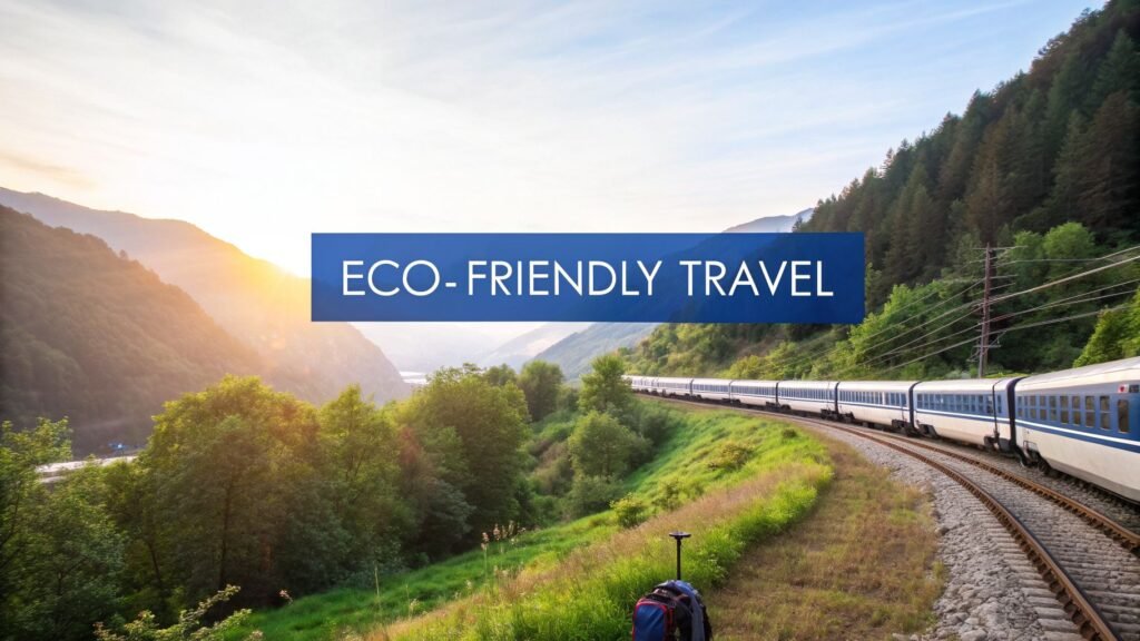 Scenic passenger train curving through a green mountain valley at sunset, representing eco friendly traveling by rail.