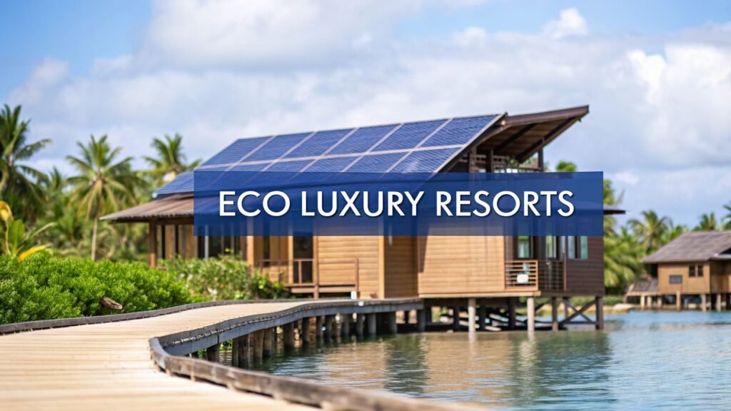 Eco luxury resorts overwater villas with rooftop solar panels and a wooden boardwalk in a tropical lagoon