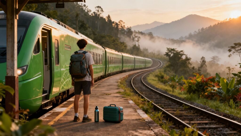 Eco travel by train at sunrise as a backpacker waits on a quiet mountain platform