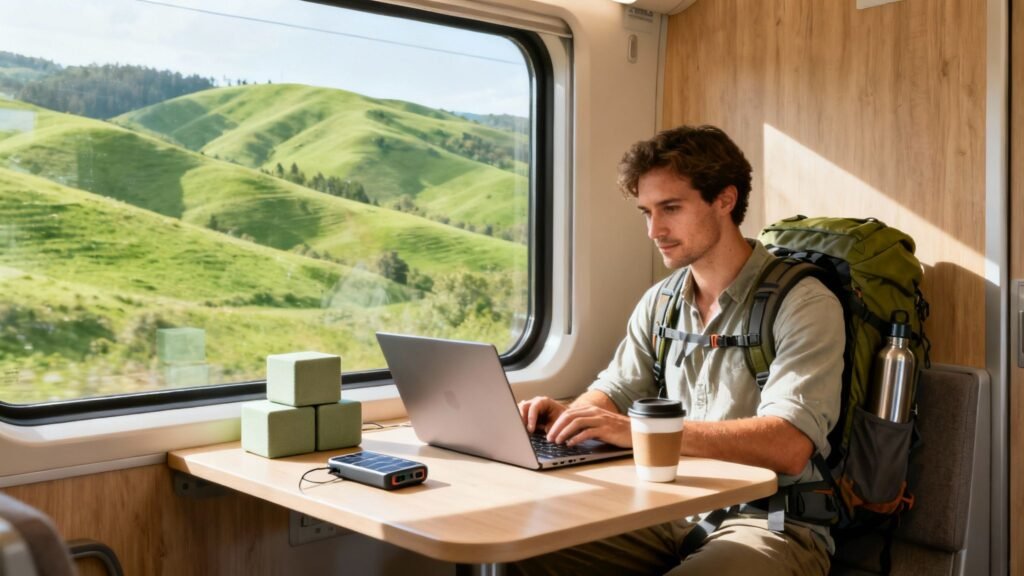 Ethical travel: remote worker on a train using a laptop with a backpack, coffee, and rolling green hills outside the window.