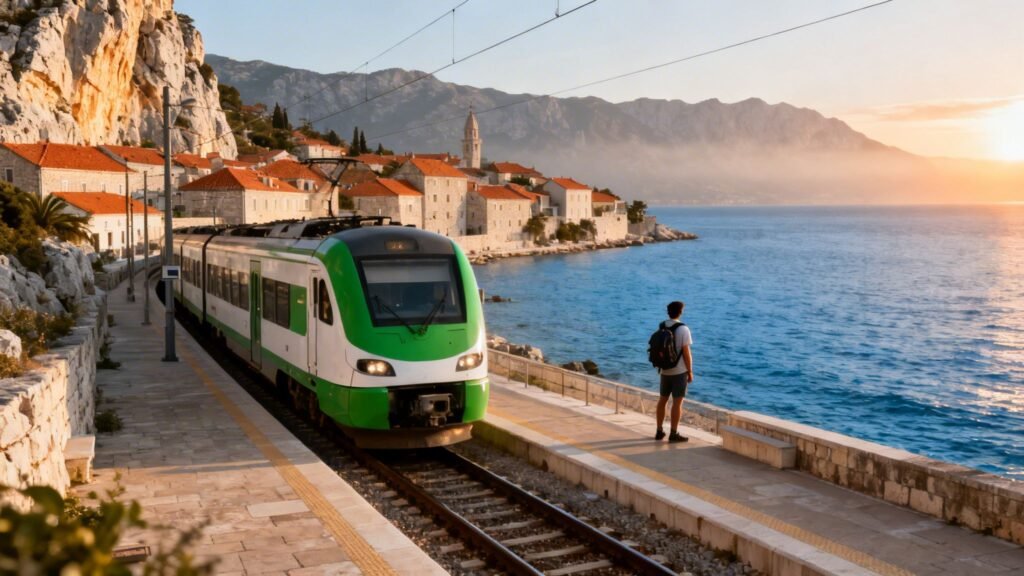 Europe Croatia coastal train route at sunset with a modern train beside the Adriatic Sea and a traveler on the platform.
