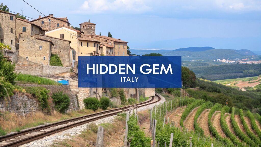Hidden gem Italy: a rustic hillside village overlooking a curving railway line with vineyards and rolling countryside in the distance.